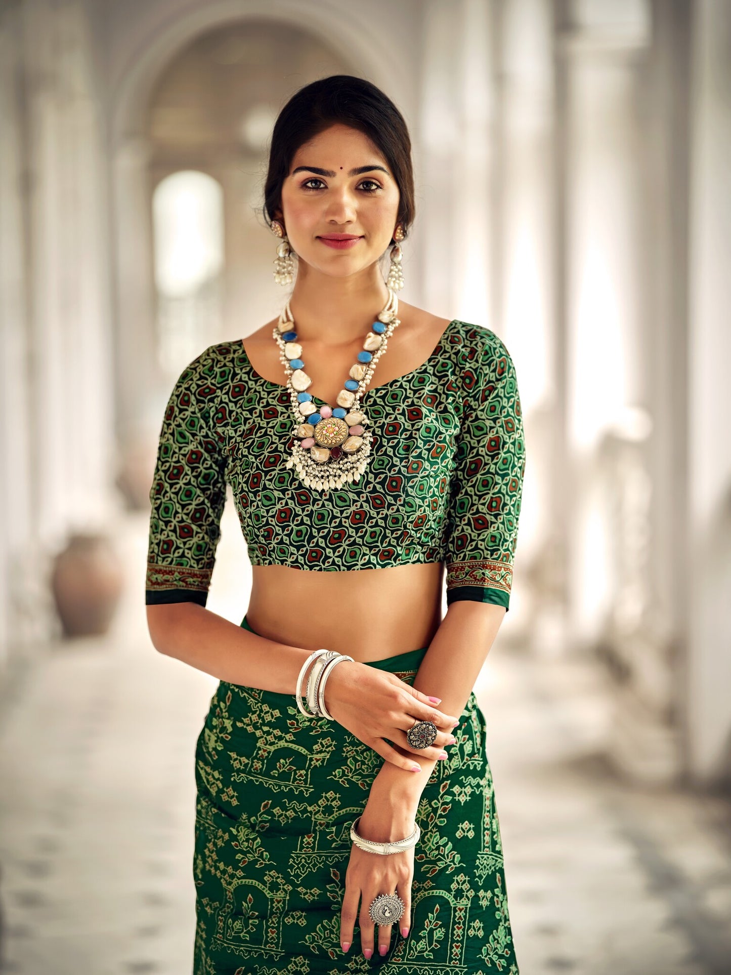 Dharma - Botal Green Ajrakh Print Pure Mul Cotton Saree