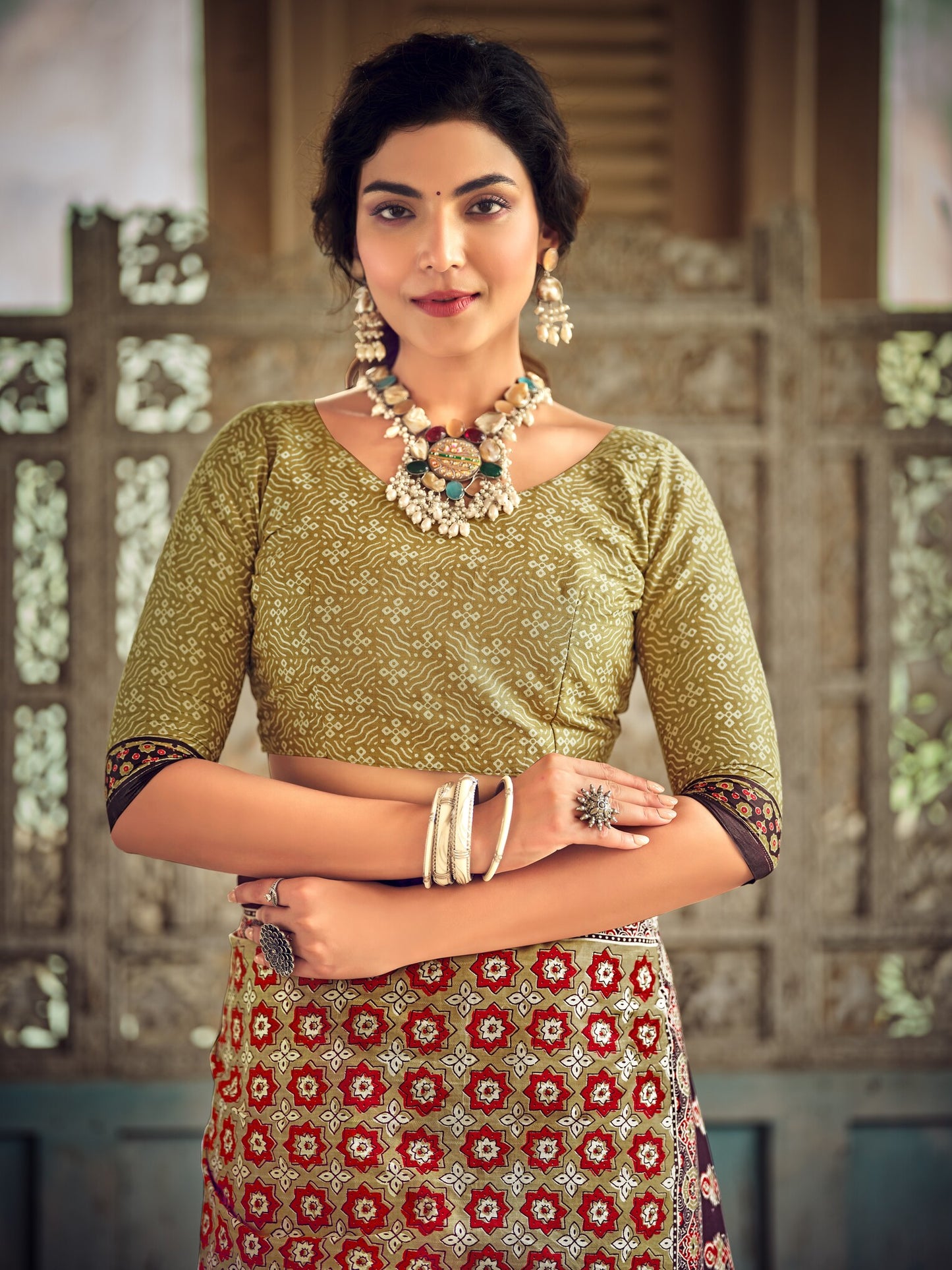 Dharma - Ajrakh Print Pure Mul Cotton Saree With Blouse