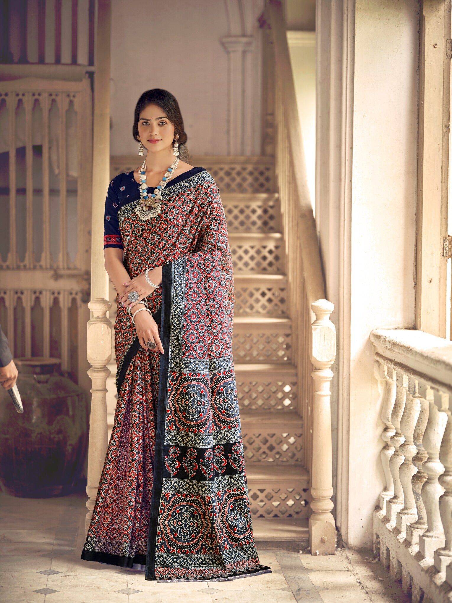 Dharma - Ajrakh Print Pure Mul Cotton Saree With Blouse