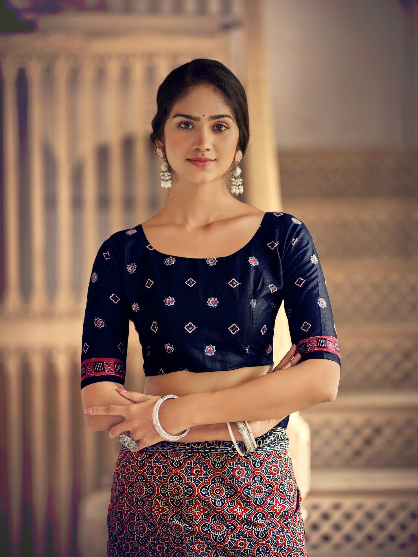 Dharma - Ajrakh Print Pure Mul Cotton Saree With Blouse