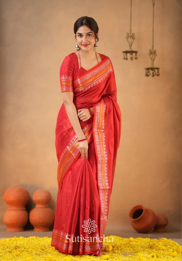 TRENDY - RED TEMPLE DESIGNE HANDLOOM TISSUE COTTON SAREE