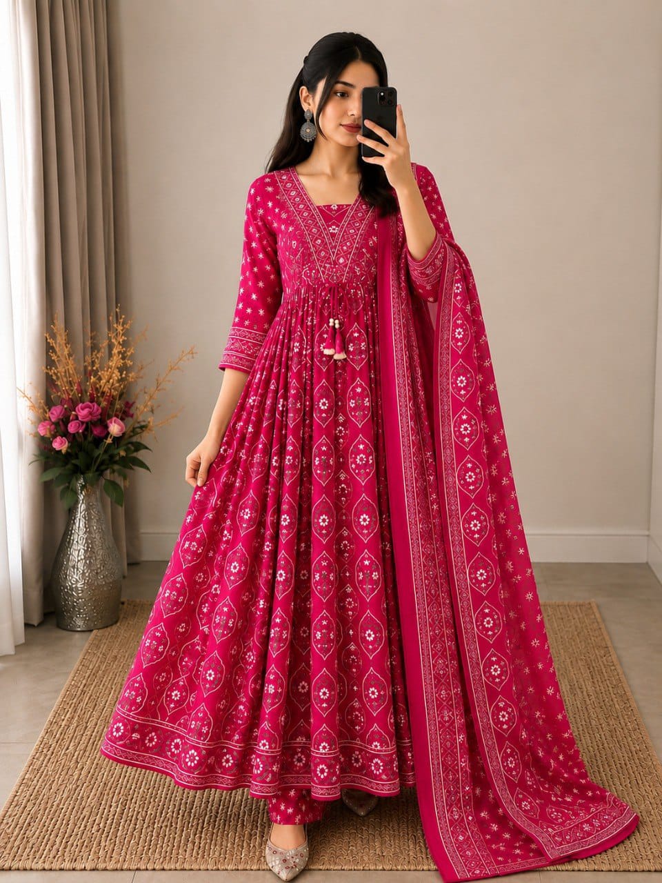Premium Rani Pink Cotton Anarkali Suit Set