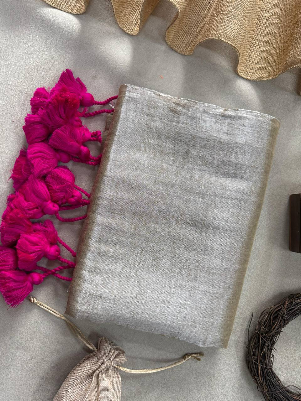 CHIKU HANDLOOM RAGA TISSUE DUAL TONE SAREE WITH POM POM AND BLOUSE