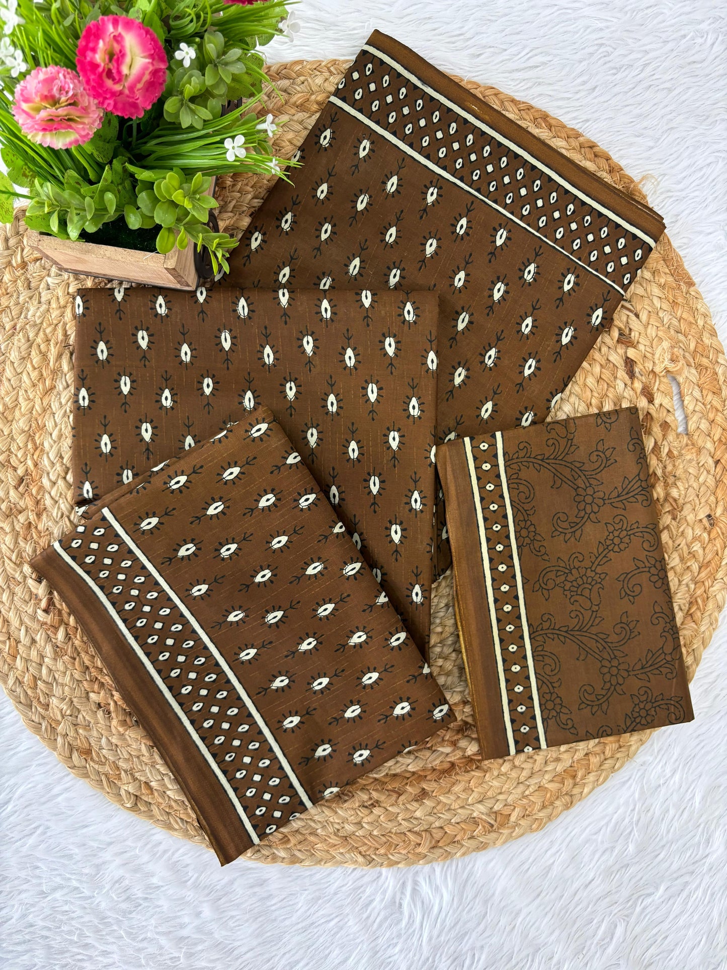 Dharma - Coffee Bagru Handblock Print Pure Mul Cotton Saree With Blouse