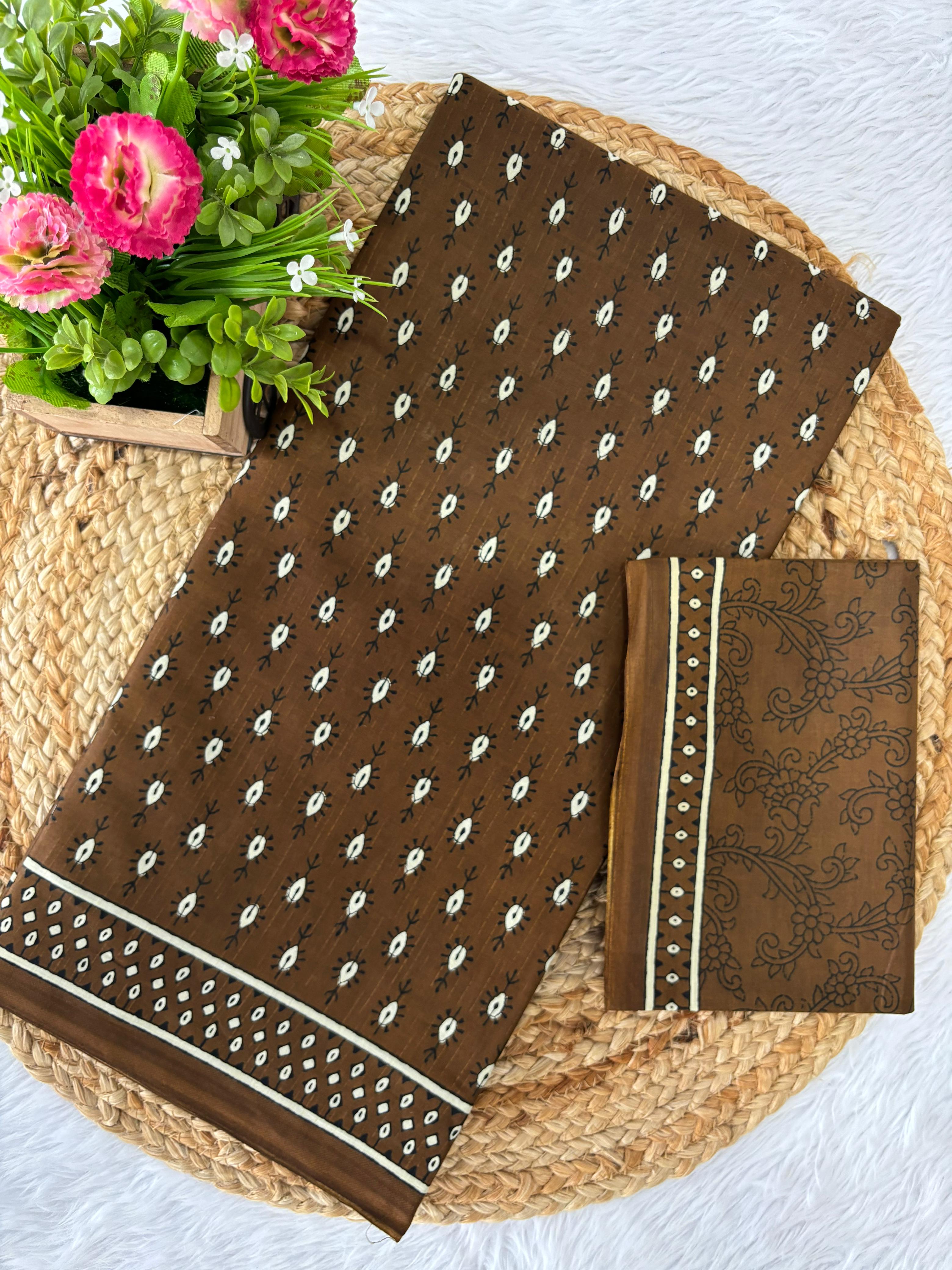 Dharma - Coffee Bagru Handblock Print Pure Mul Cotton Saree With Blouse