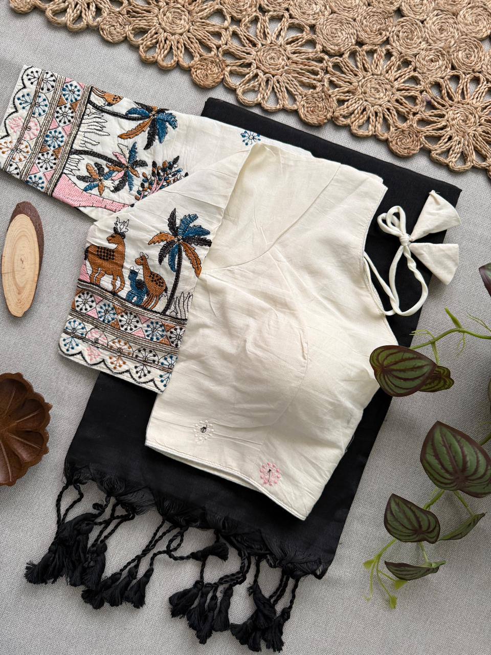 Magic- Black Handloom Cotton Saree With Havy Embroidery Work Stitched Blouse