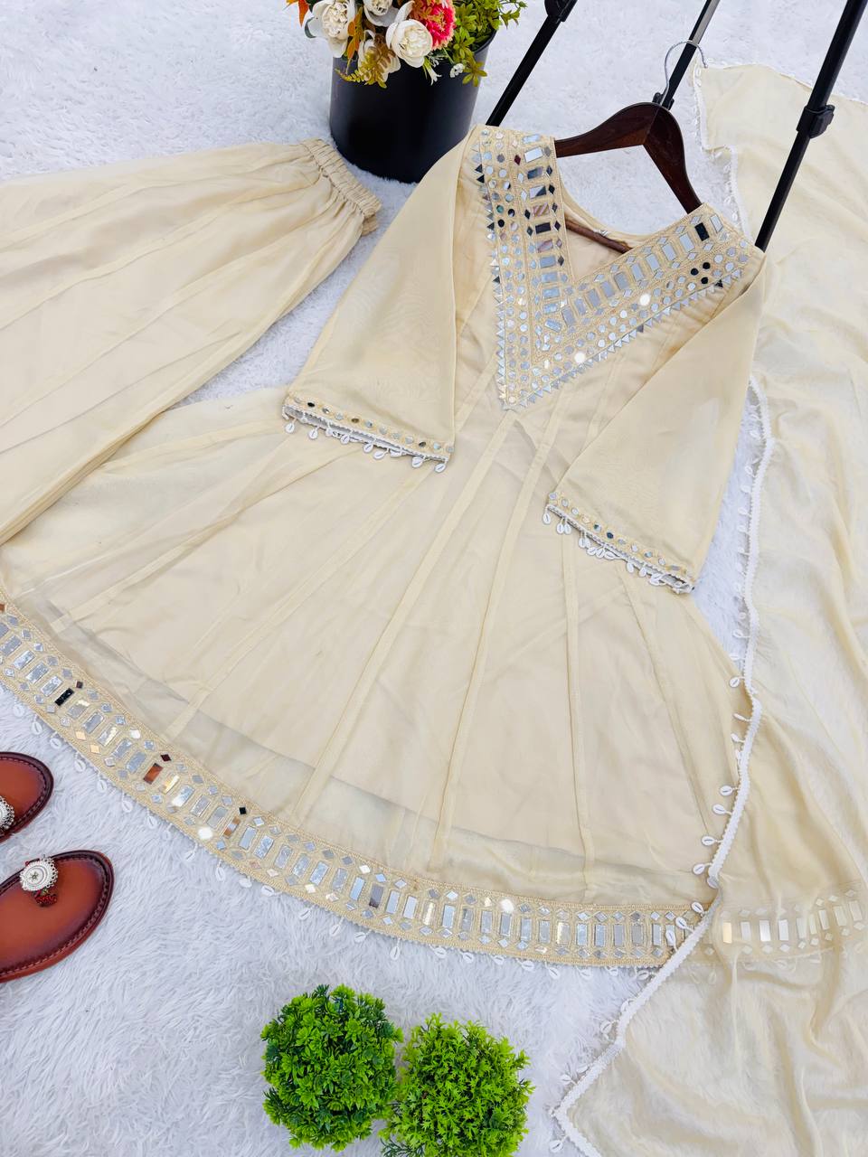 Tebby Organza Silk Peplum Sharara Set with Real Mirror Work Border
