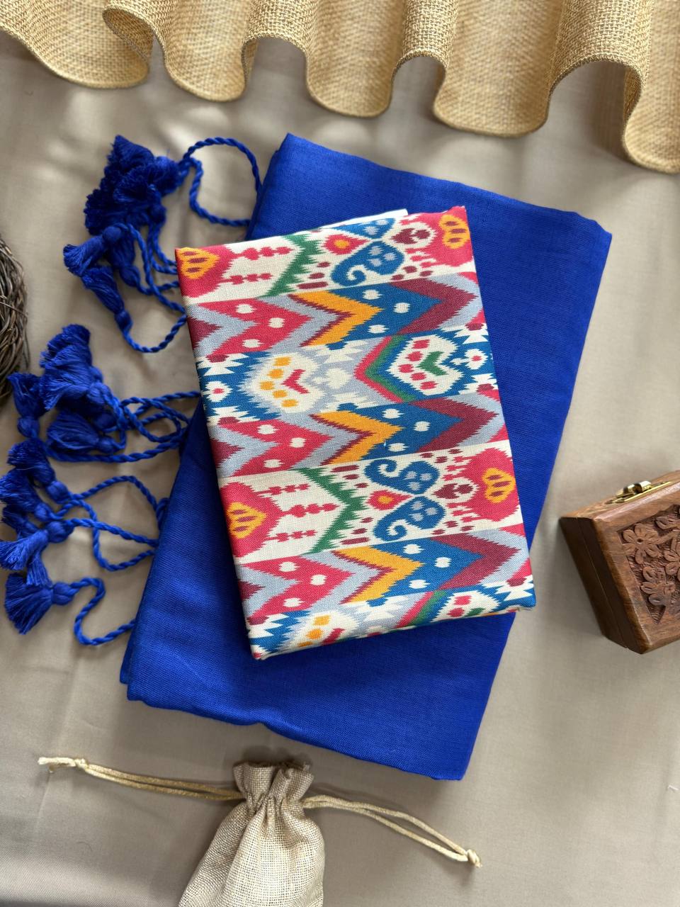 Royal Blue Handloom Cotton Saree With Syemmetrical Printed Blouse