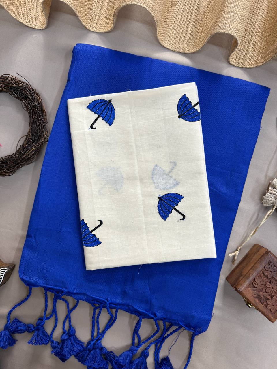 Blue Handloom Cotton Saree With Trandy Embroidery Blouse