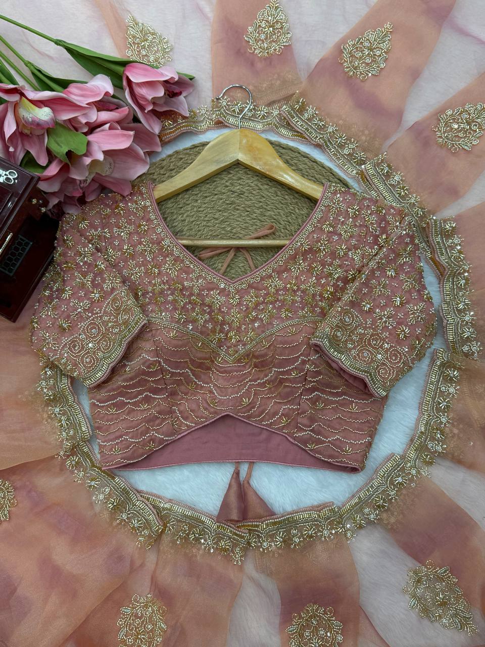 Elegant Onion Pink Pearl Work Salsa Silk Saree