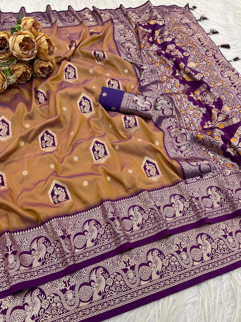 Designer Golden Silk Saree with Royal Purple Peacock Zari Border
