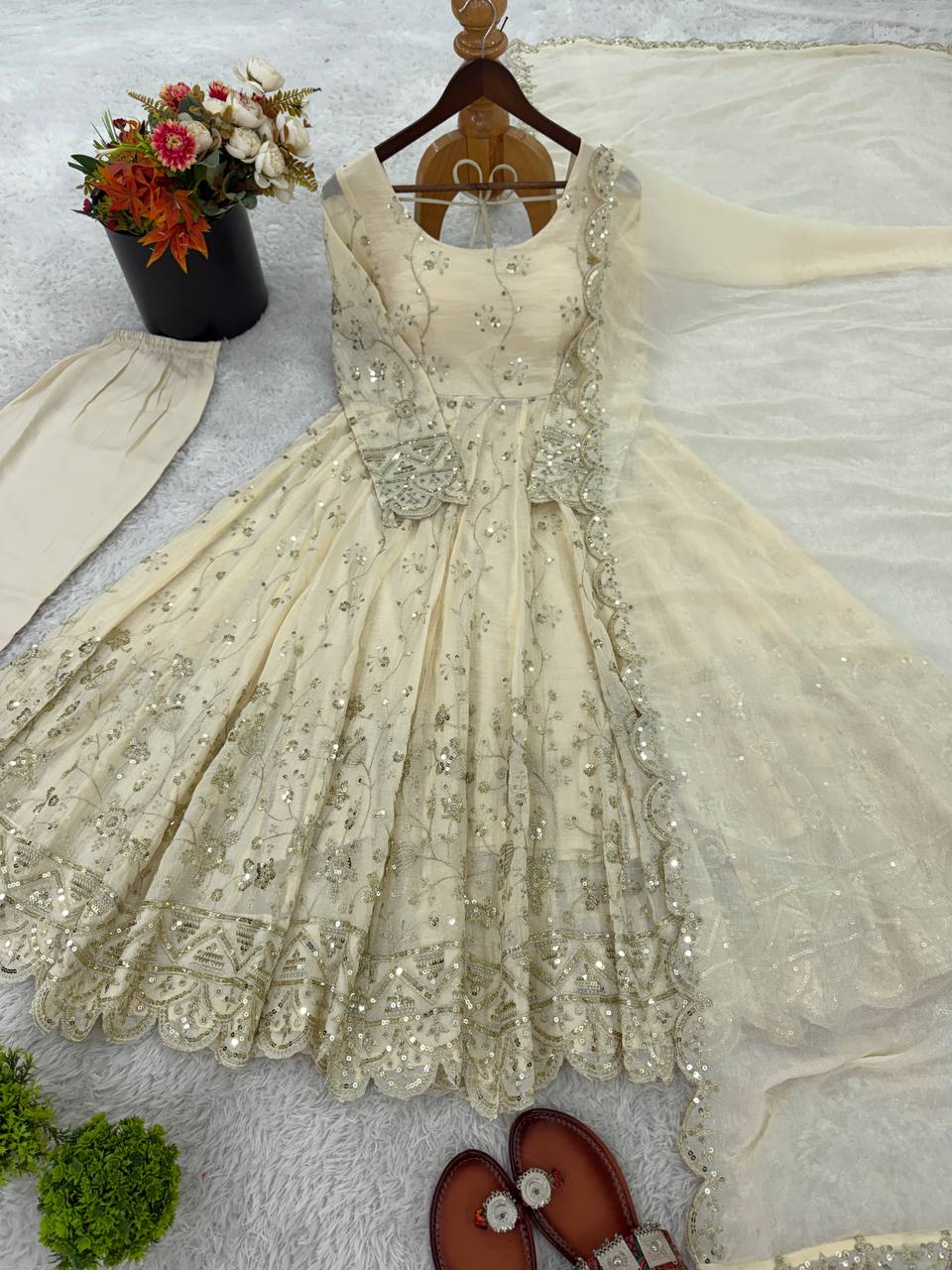 New Designer Crunchy Silk Embroidery Anarkali Suit Set