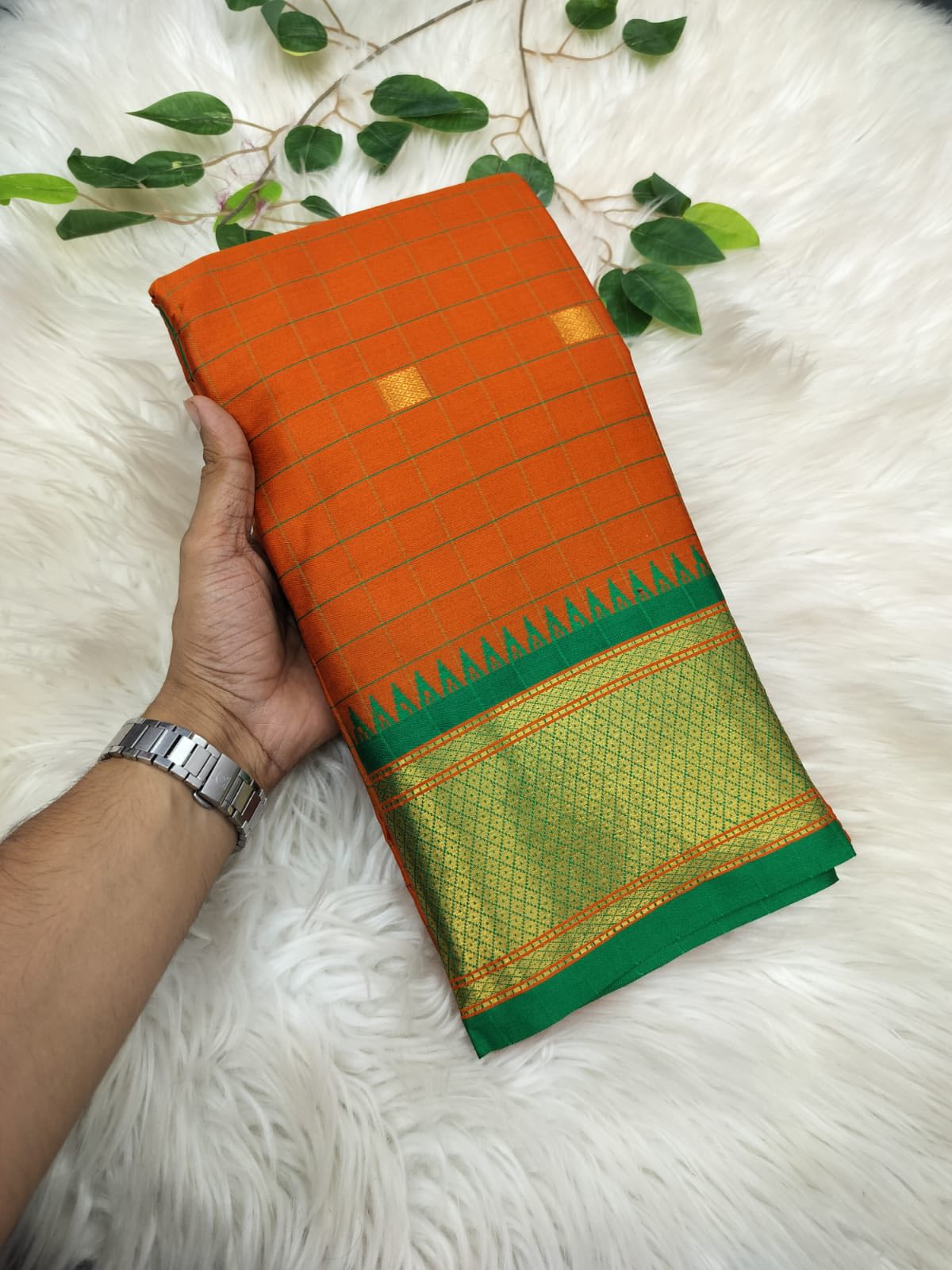 Exclusive Orange Chex Woven Cotton Silk Saree With Gold Zari Waving Work