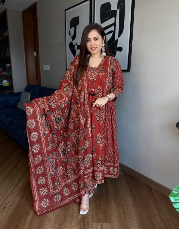 New Arrival Ajarakh Print Anarkali Suit Set