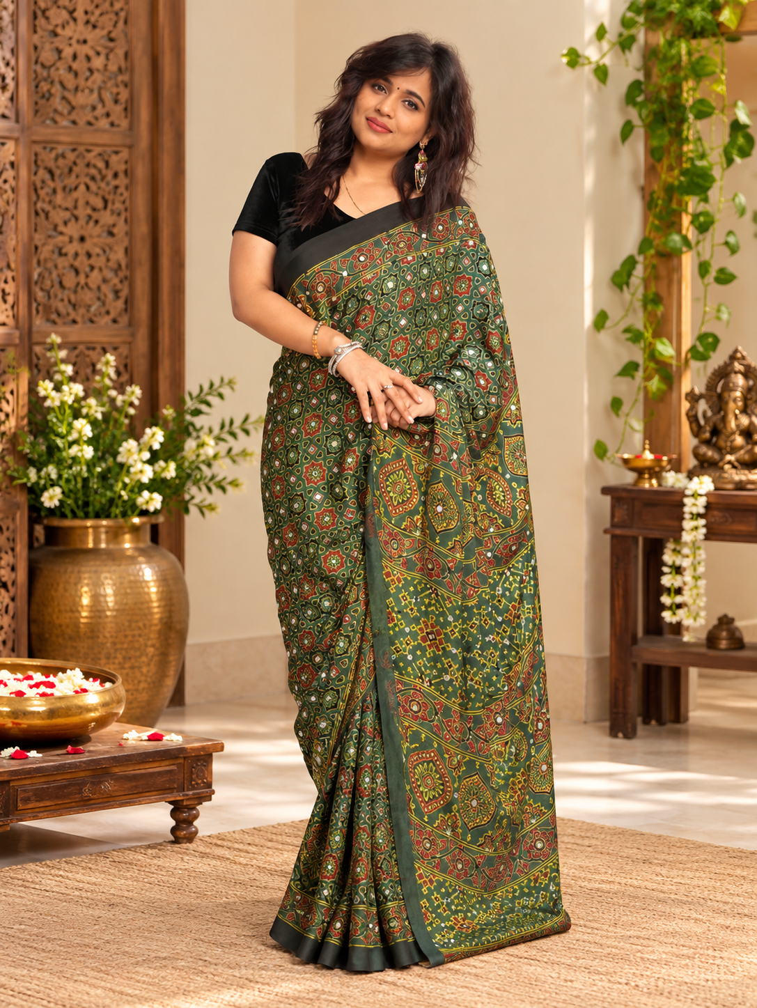 Trendy Green Ajrakh Hand-Block Printed Gajji Silk Saree With Mirror Work