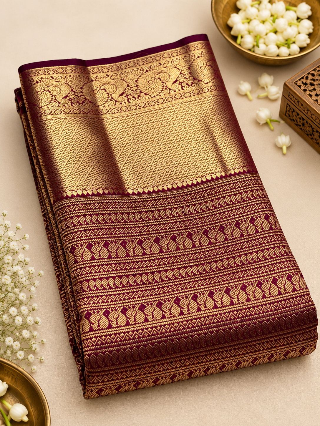 Traditional Wine Soft Banarasi Silk Saree with Pure Gold Zari Bird Motif Border