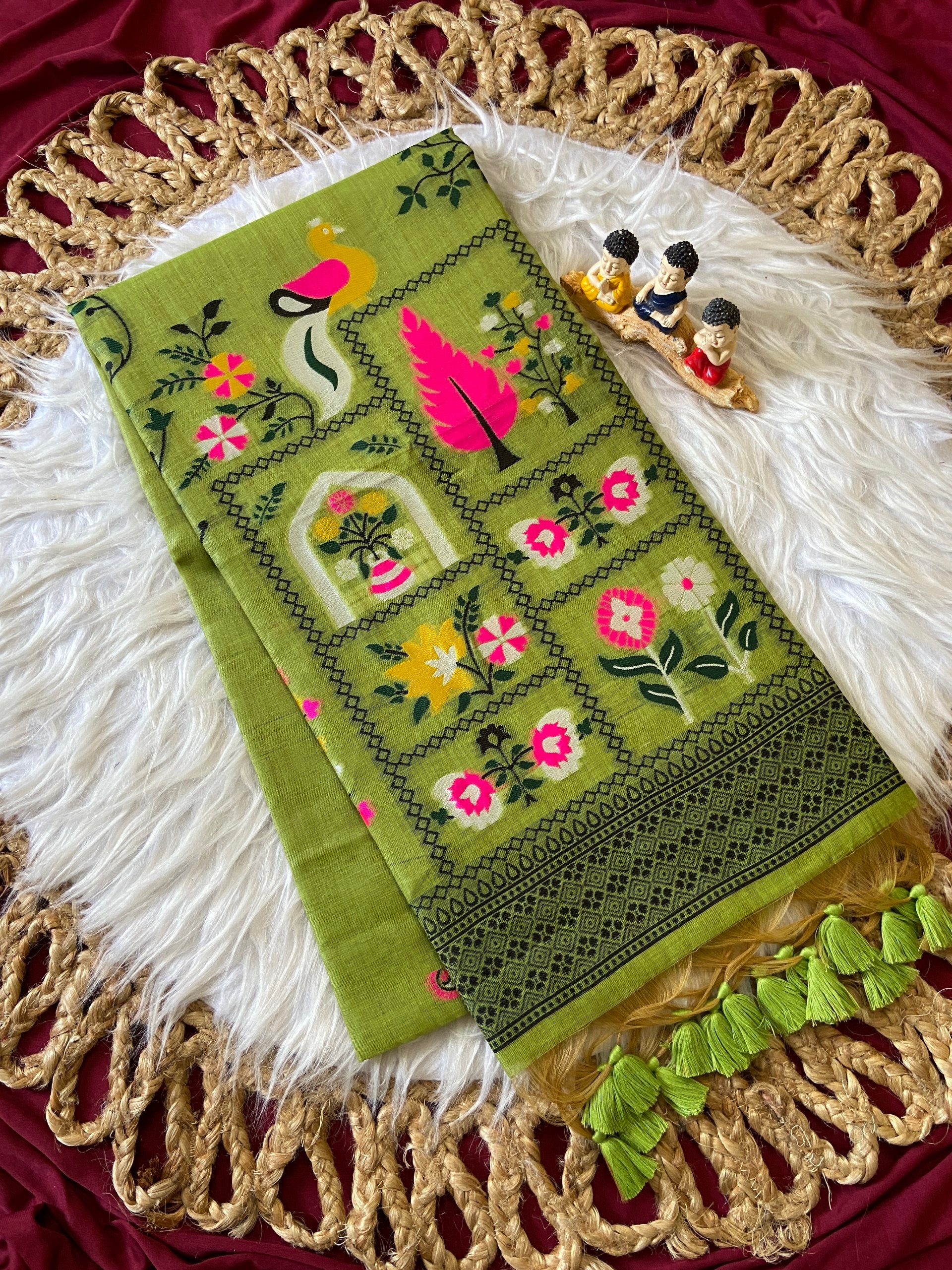 Elegant Olive Green Soft Jamdani Cotton Saree with 3D Woven Peacock Pallu