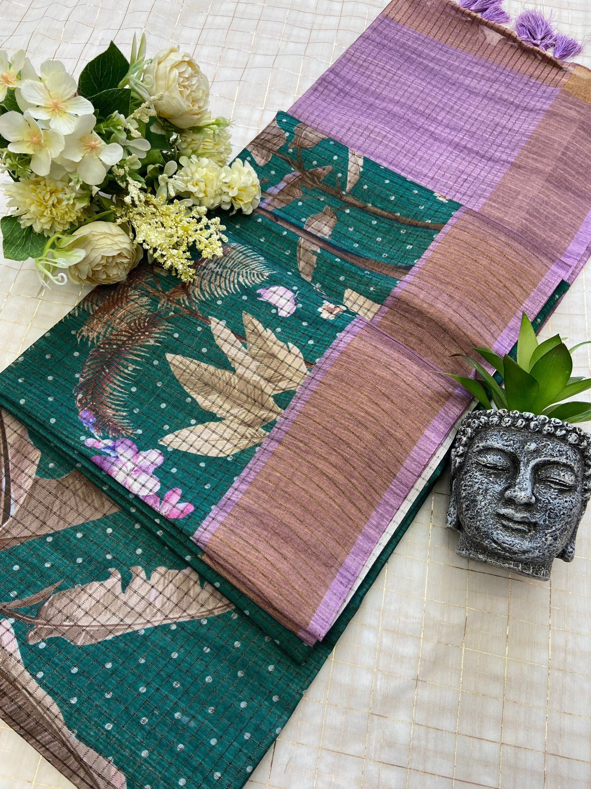 Vihana Emerald Teal Lavender Floral Tussar Silk Saree