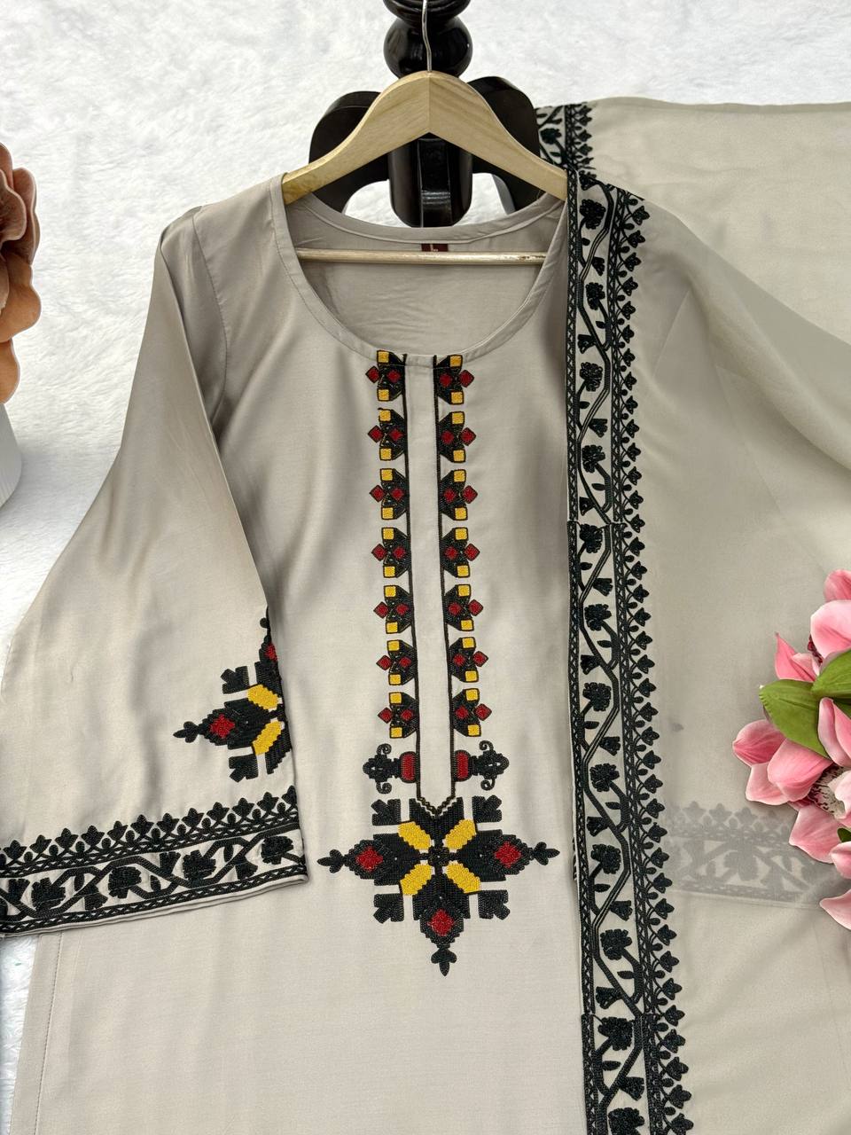 Elegant Beige Rayon Satin Thread Work Kurta Palazzo Set