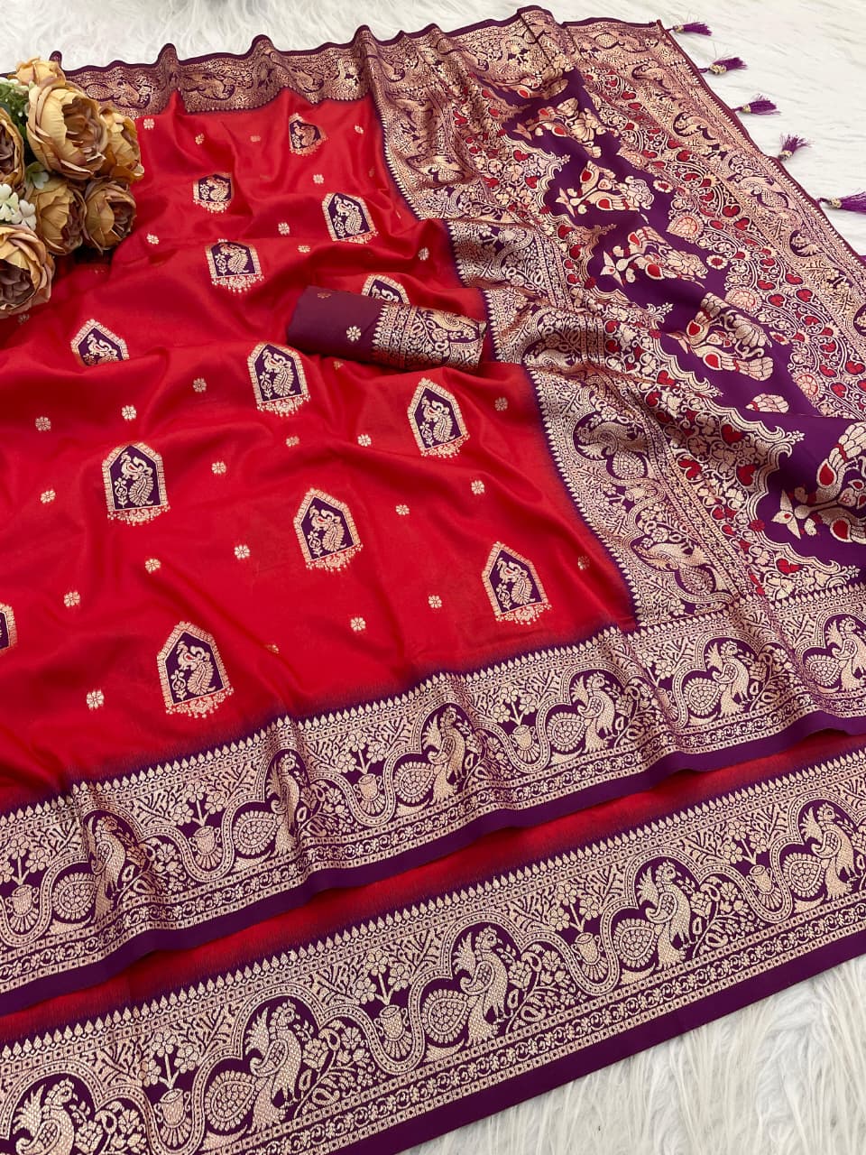 Designer Red Silk Saree with Royal Purple Peacock Zari Border