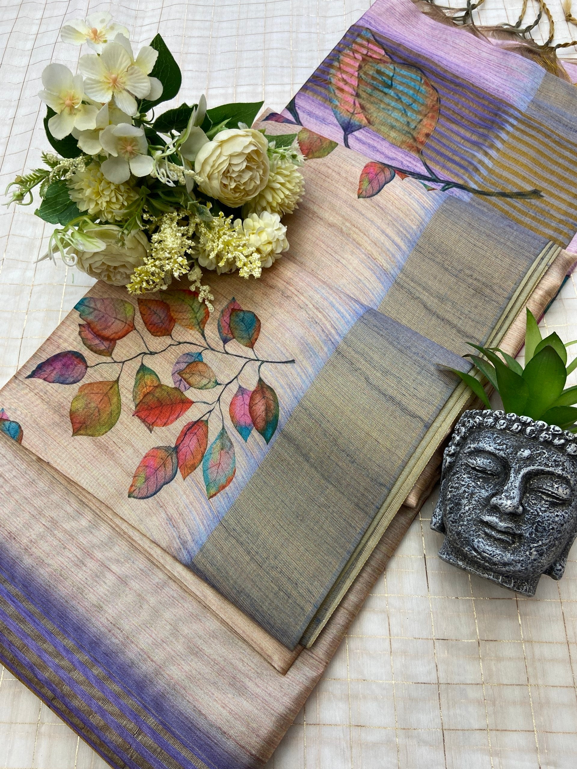 Vamika Lavender Grey Botanical Print Tussar Silk Saree