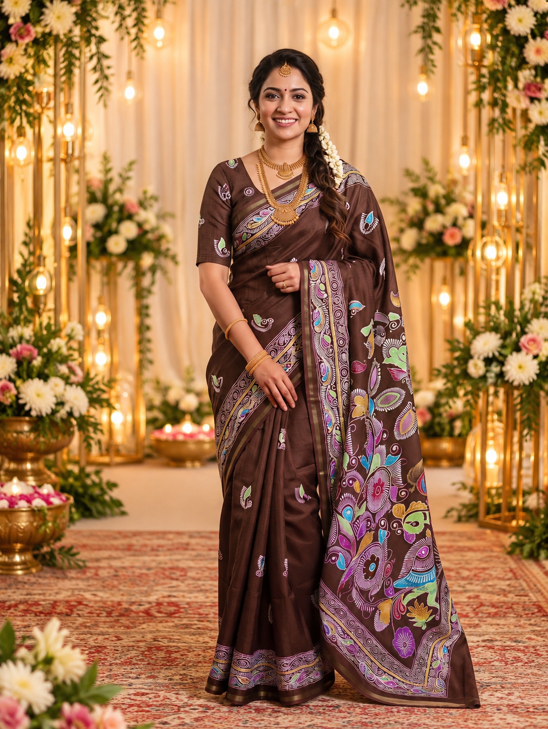 Treditional Brown Handloom Soft Tussar Silk Saree with Beautiful Pallu