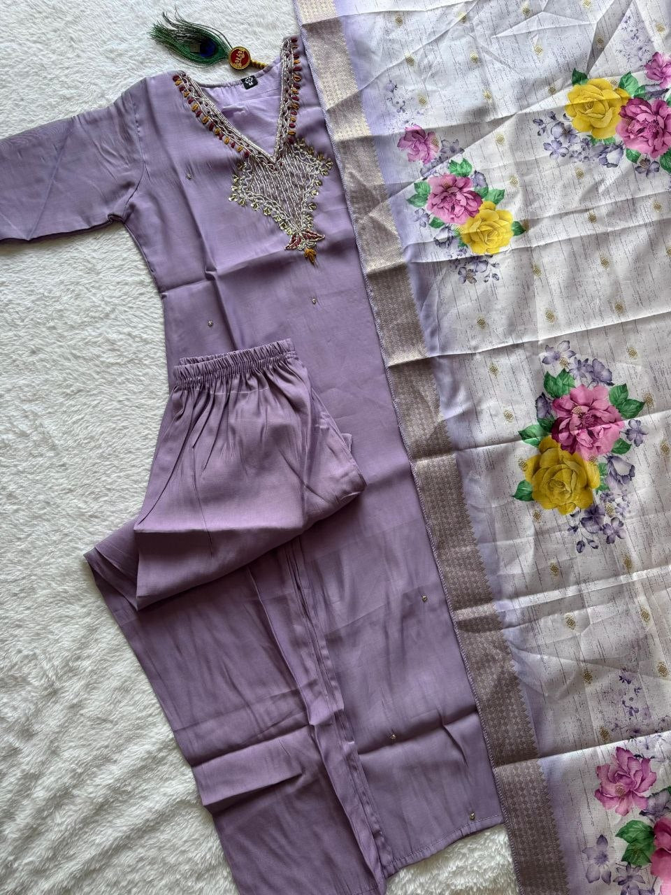 Elegant Lavender Premium Mul Chanderi Hand-Work Suit Set with Floral Dupatta