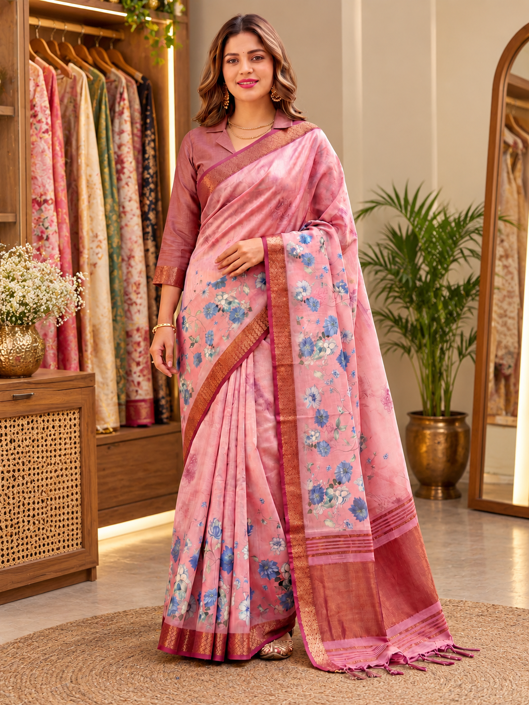 Elegant Blush Pink Floral Print Soft Tissue Silk Saree with Rose Gold Zari Border