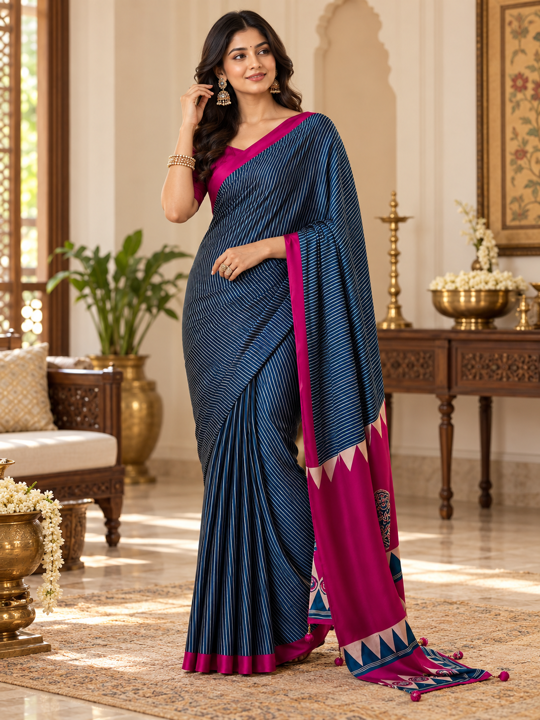 Elegant Indigo Blue Handcrafted Striped Modal Silk Saree
