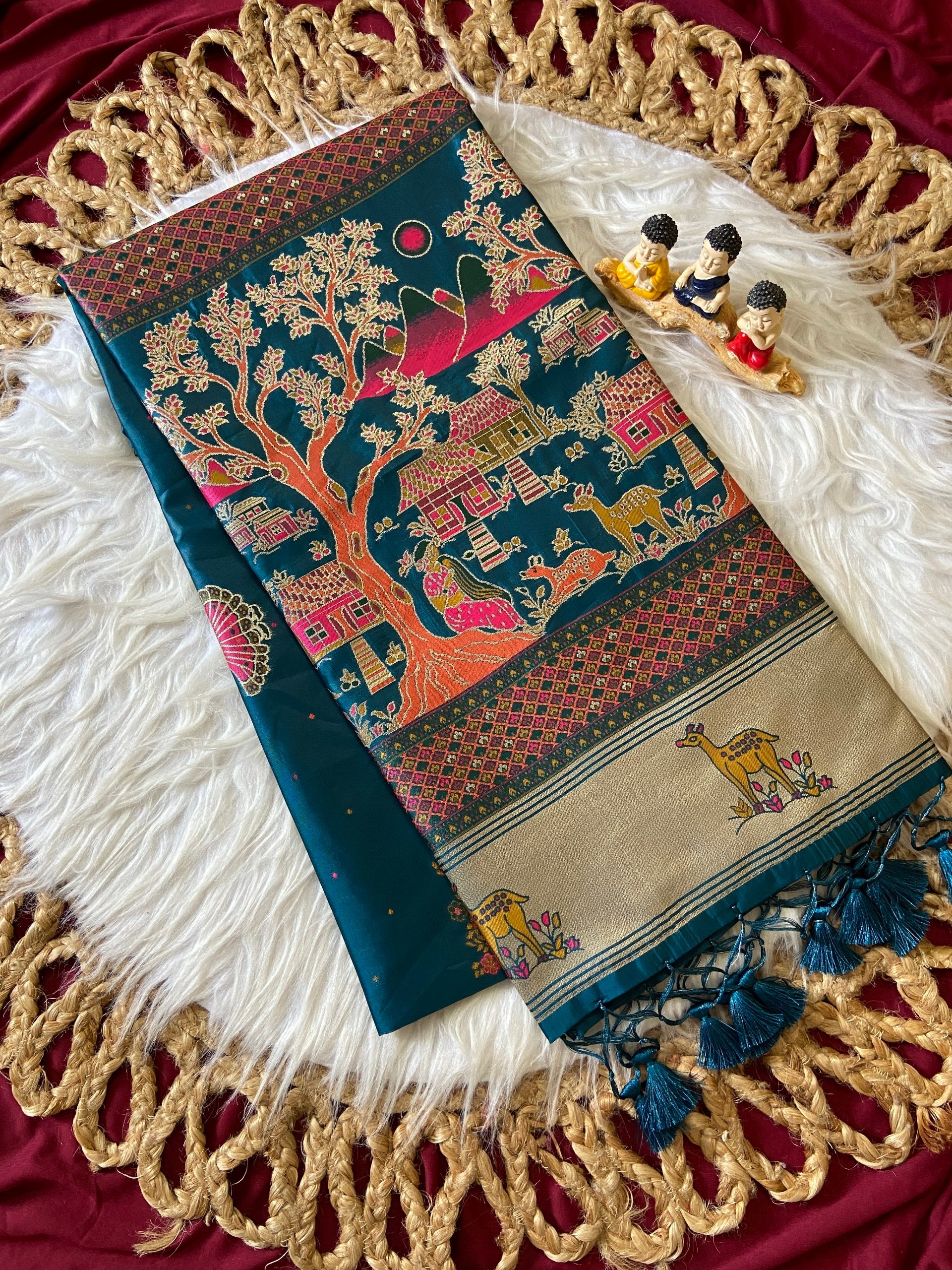 Vrindavan Royal Teal – Premium Woven Zari Soft Pashmina Silk Saree