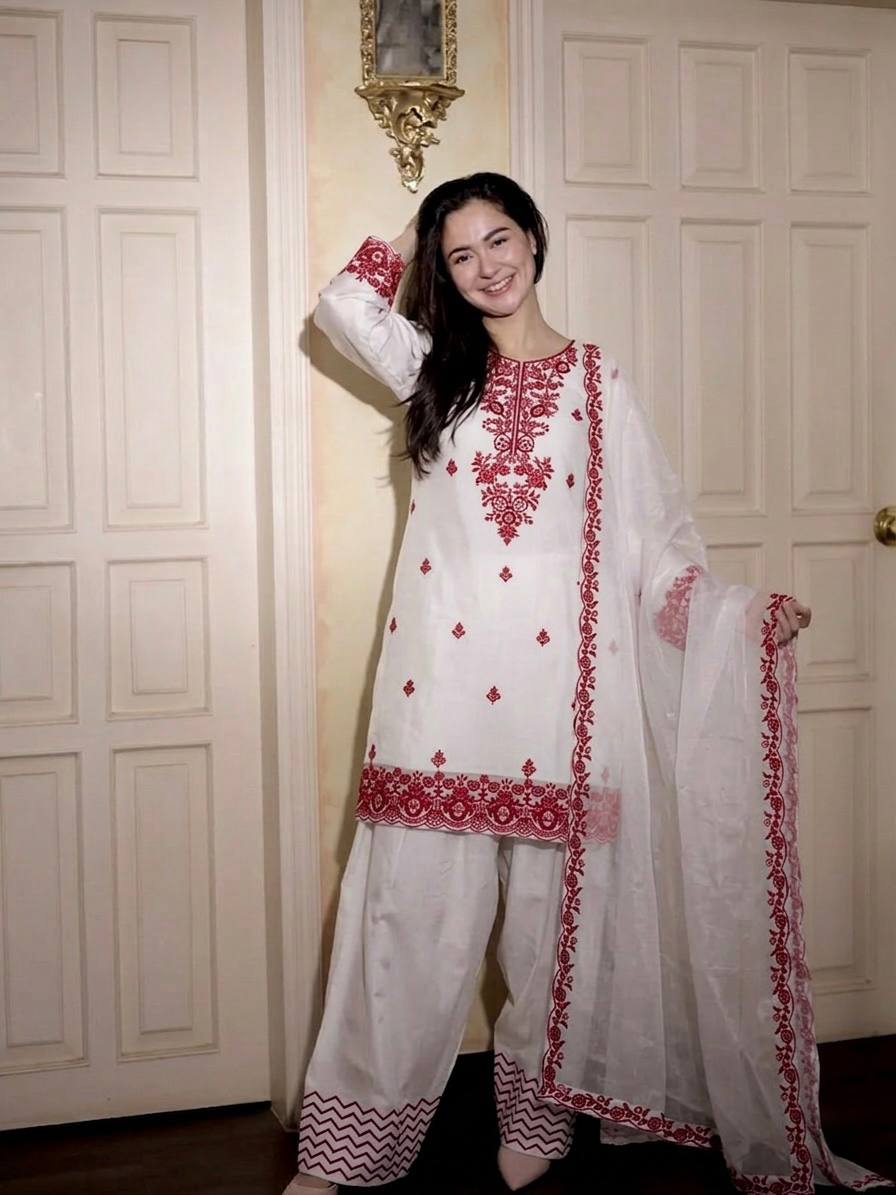 Elegant White & Red Rayon Cotton Embroidery Suit Set