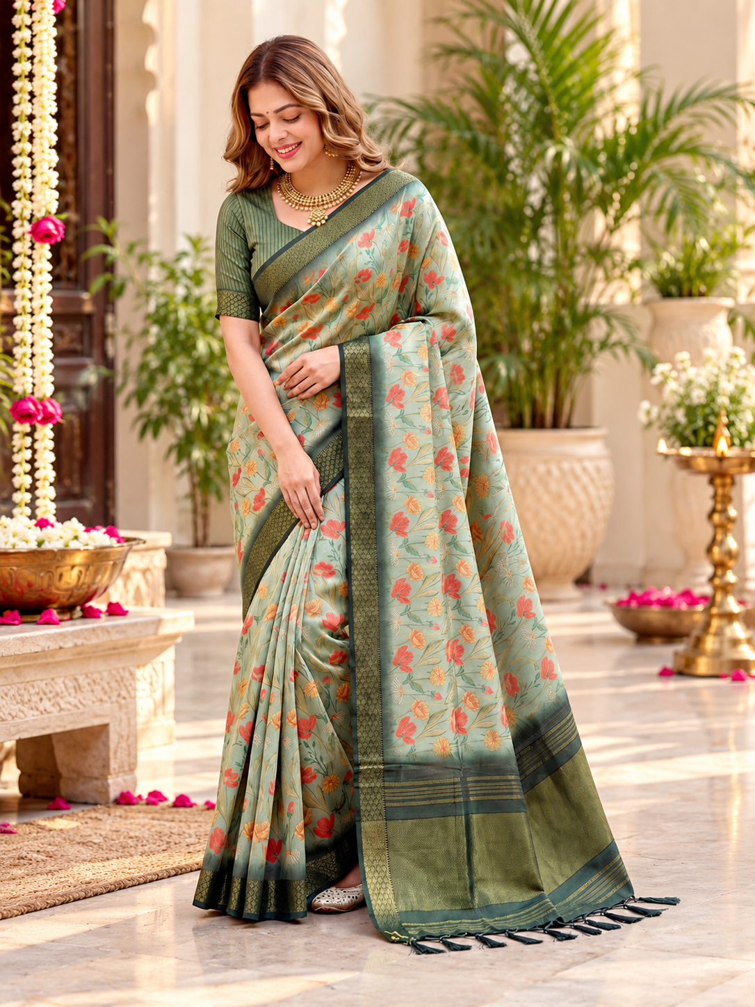 Trendy Sage Green Soft Tissue Silk Saree with Pastel Floral Print & Zari Border