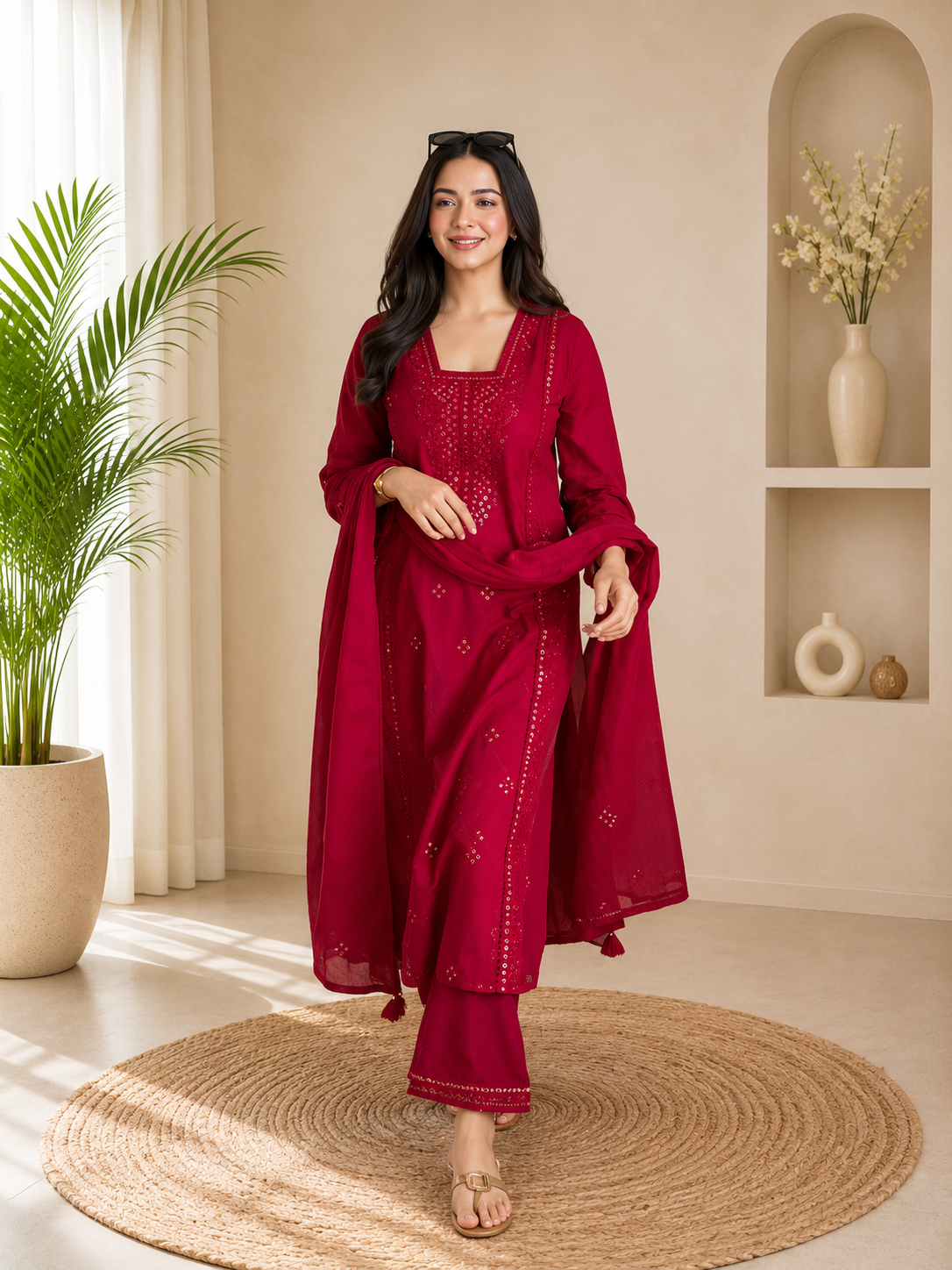 Elegant Red Roman Silk Embroidered Suit Set