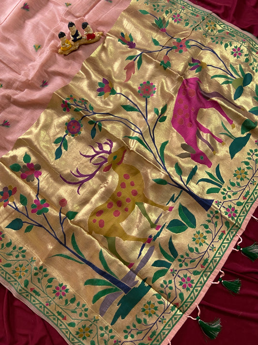 Elegant Muga Cotton Paithani Saree with Woven Deer Motif