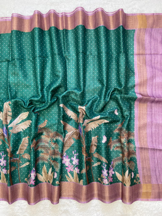 Vihana Emerald Teal Lavender Floral Tussar Silk Saree