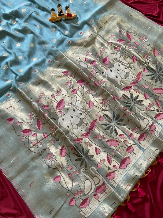 Vamika Pastel Teal 3D Woven Soft Muga Cotton Paithani Saree