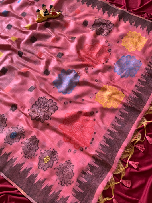 Inaya Blush Pink Floral Woven Soft Muga Cotton Saree