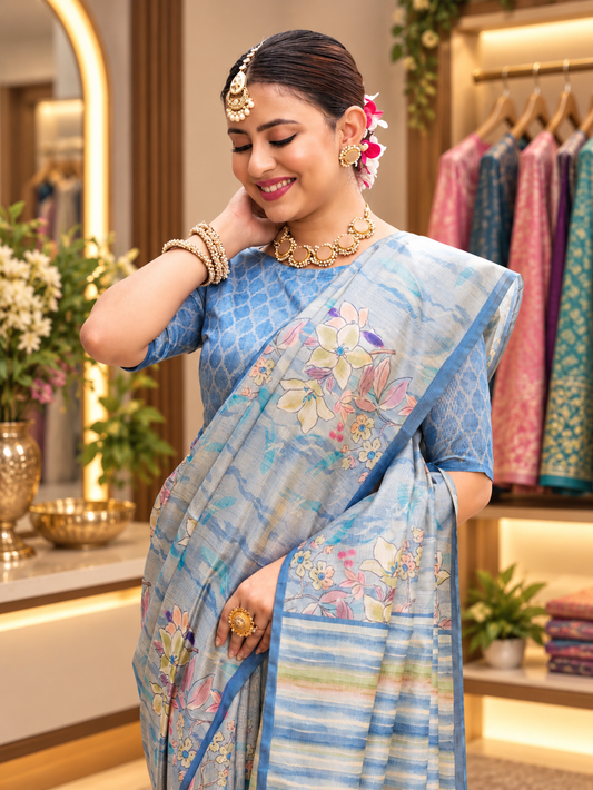 Dharma - Pastel Blue Soft Tussar Silk Saree with Elegant Floral Print Work