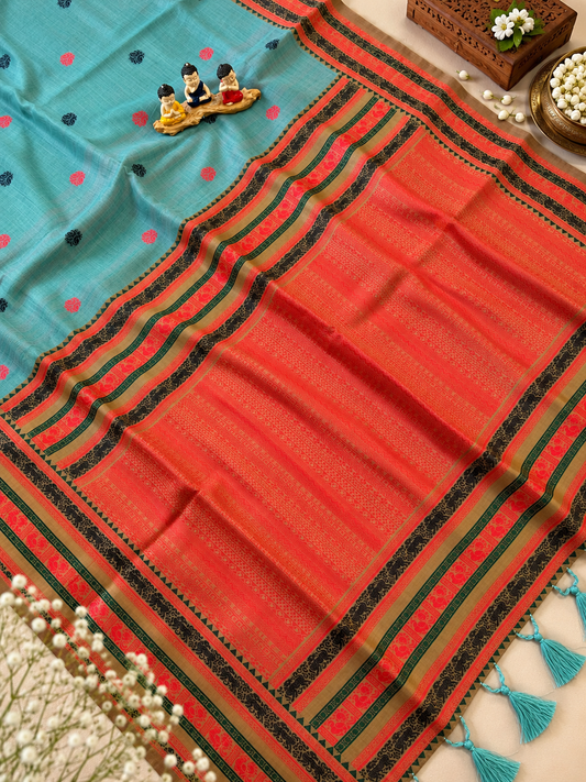 Traditional Sea Green Soft Muga Cotton Saree with Traditional Border and Tassels