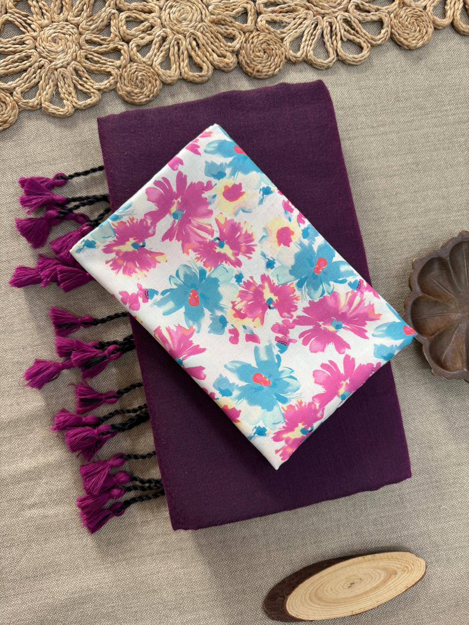 Dharma Exclusive - Wine Handloom Cotton Saree With Printed Blouse