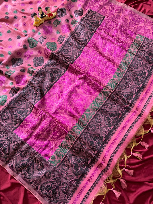 Elegant Rose Pink Premium Soft Muga Cotton Woven Saree