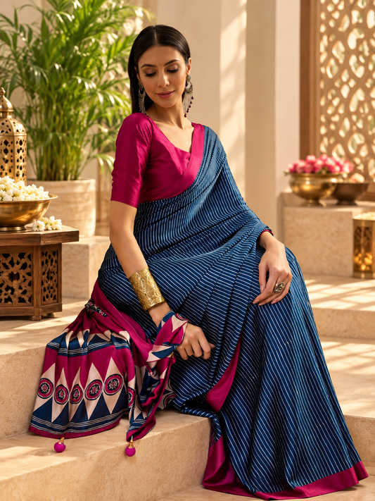 Elegant Indigo Blue Handcrafted Striped Modal Silk Saree