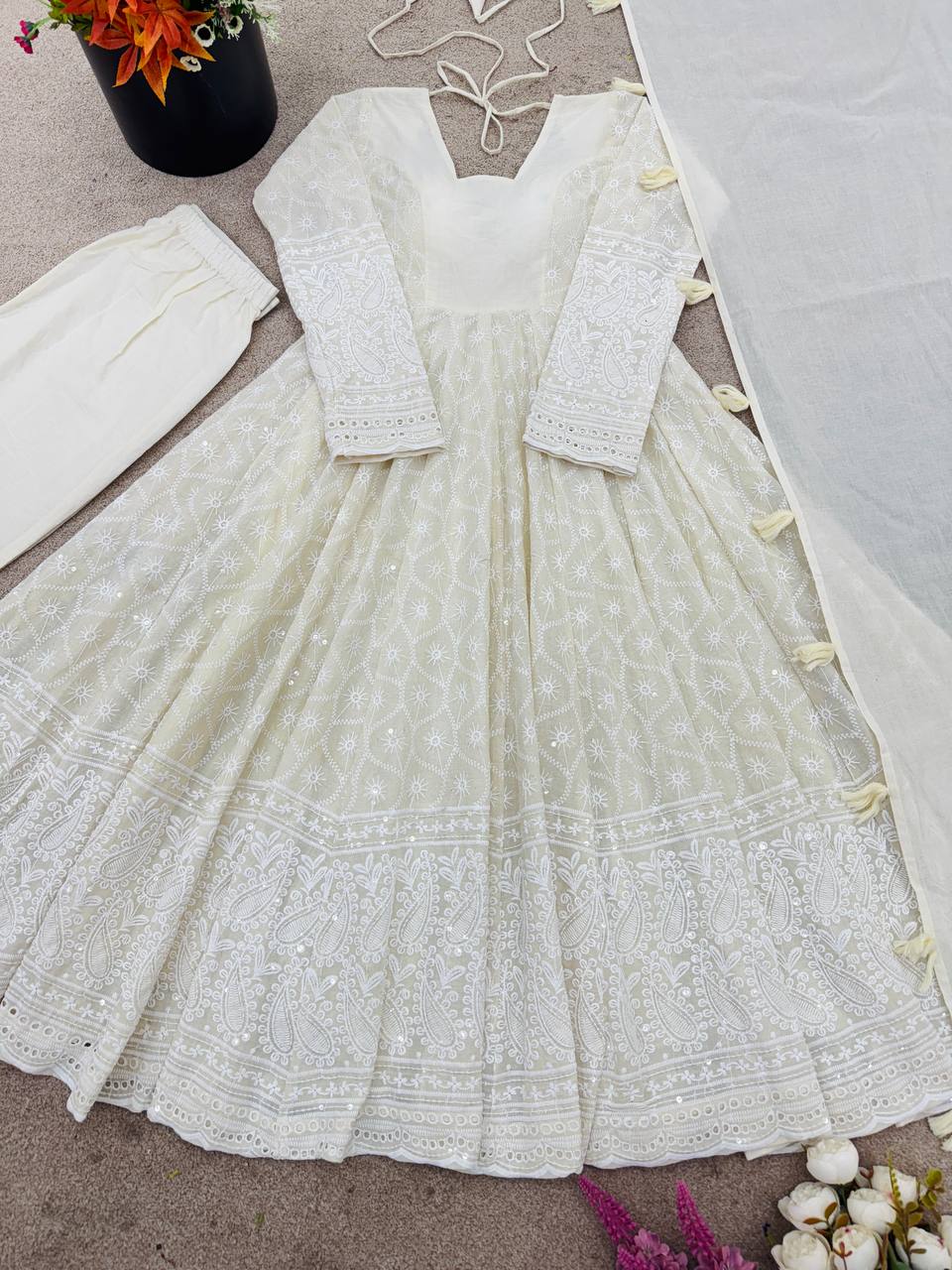 Elegant Off-White Pure Kora Cotton Anarkali Suit Set