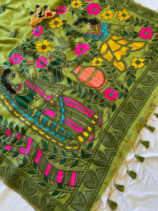 Traditional Madhubani Olive Green Soft Muga Cotton Resham Weaving Saree