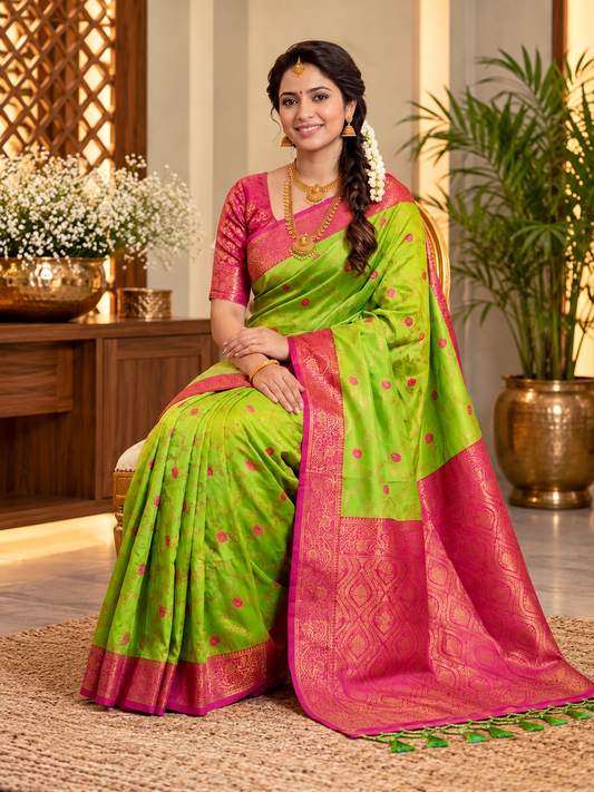 Kiara Lime Green Royal Paithani Silk Saree with Exquisite Golden Zari Weaving