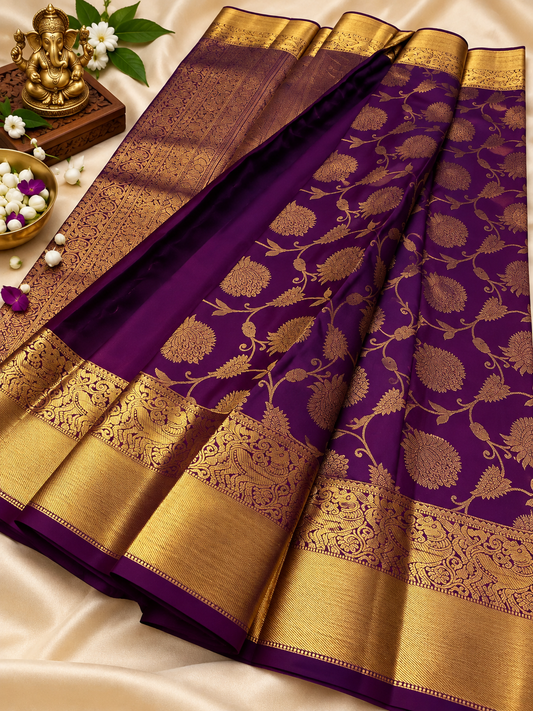 Royal Purple Handwoven Soft Banarasi Silk Saree with Intricate Gold Border