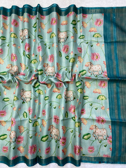 Aadhira - Sea Green Pichwai Print Soft Tussar Silk Saree