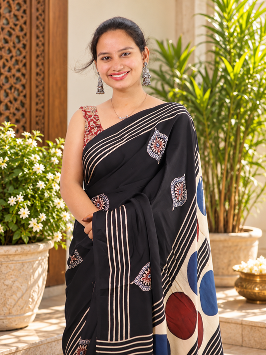 Trandy Hand-Block Printed Black Ajrakh Modal Silk Saree