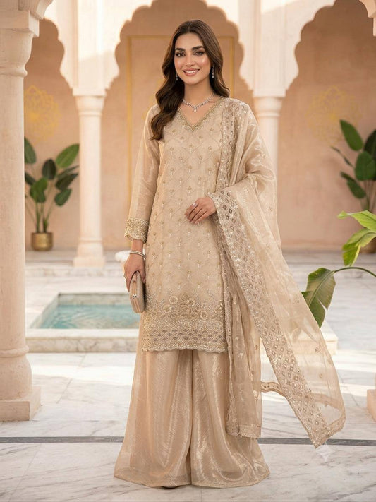New Designer Golden Fandy Silk Embroidered Suit Set with Organza Dupatta