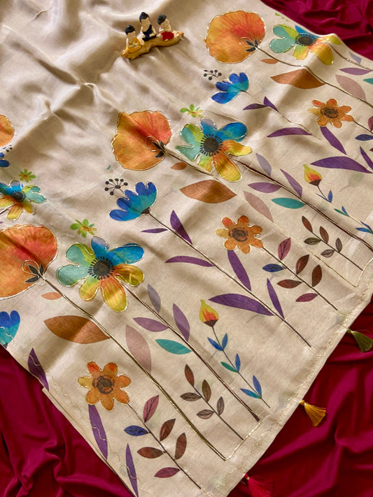 Festive Beige Blue Floral Handcrafted Aari Work Tissue Silk Saree